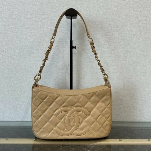CHANEL 杏色金菱格紋肩背腋下包 28*17*9 98新 配件塵袋