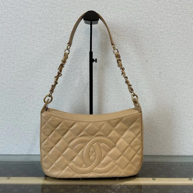 CHANEL 杏色金菱格紋肩背腋下包 28*17*9 98新 配件塵袋-0