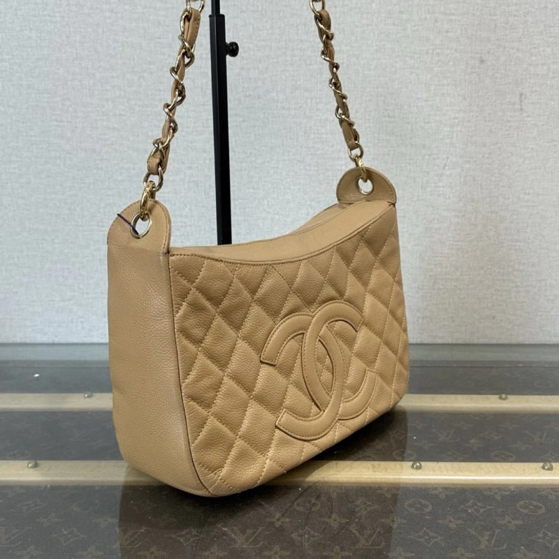 CHANEL 杏色金菱格紋肩背腋下包 28*17*9 98新 配件塵袋-1