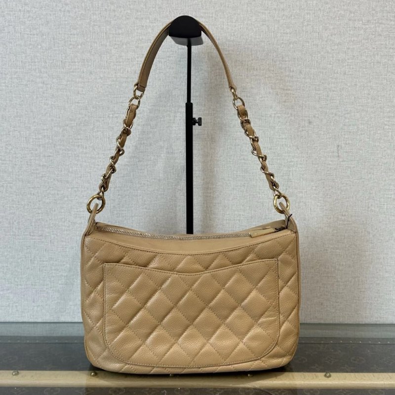 CHANEL 杏色金菱格紋肩背腋下包 28*17*9 98新 配件塵袋-5