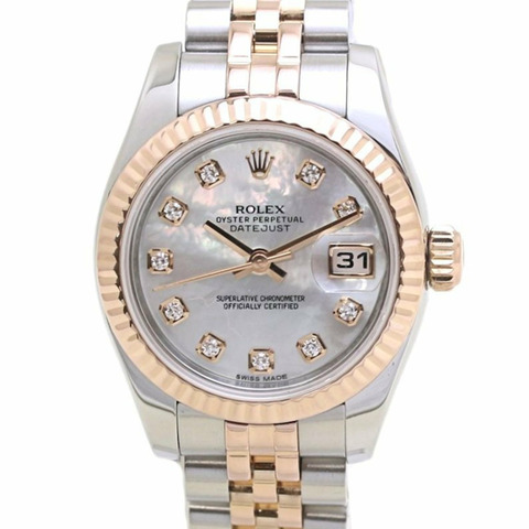 ROLEX 勞力士 Datejust 10P 鑽石 179171NG 白色貝殼 K18PG 粉紅金 x 不鏽鋼 女士腕錶 40009 手錶