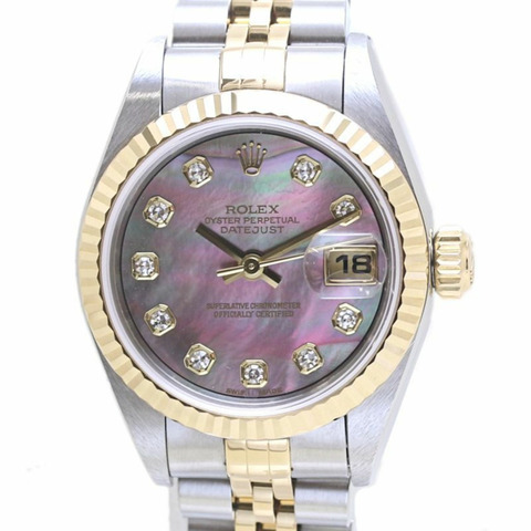 ROLEX 勞力士 Datejust 10P 鑽石 79173NG 黑色貝殼 K18YG 黃金 x 不鏽鋼 女士腕錶 40010 手錶