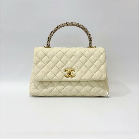 Chanel 米白色荔枝皮金釦拚蛇皮手把coco handle 28