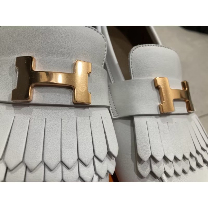 愛馬仕Hermes 白色🤍 玫瑰金扣 經典logo royal 樂福鞋 尺寸39 全新-4
