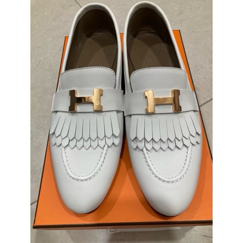 愛馬仕Hermes 白色🤍 玫瑰金扣 經典logo royal 樂福鞋 尺寸39 全新-8
