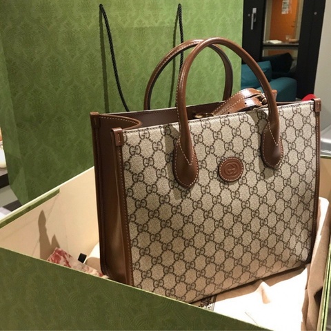 GUCCI古馳 老花Logo互扣式雙G徽標 帆布拼皮 托特包 小號 男女可背