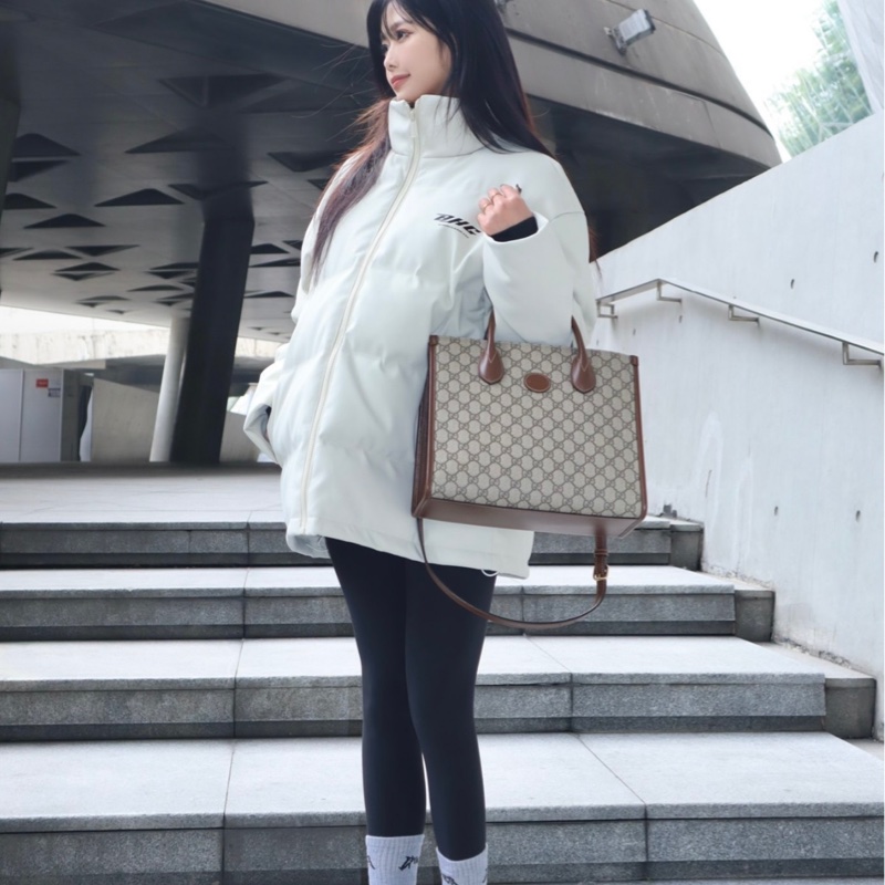 GUCCI古馳 老花Logo互扣式雙G徽標 帆布拼皮 托特包 小號 男女可背-6