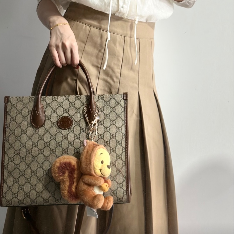GUCCI古馳 老花Logo互扣式雙G徽標 帆布拼皮 托特包 小號 男女可背-7
