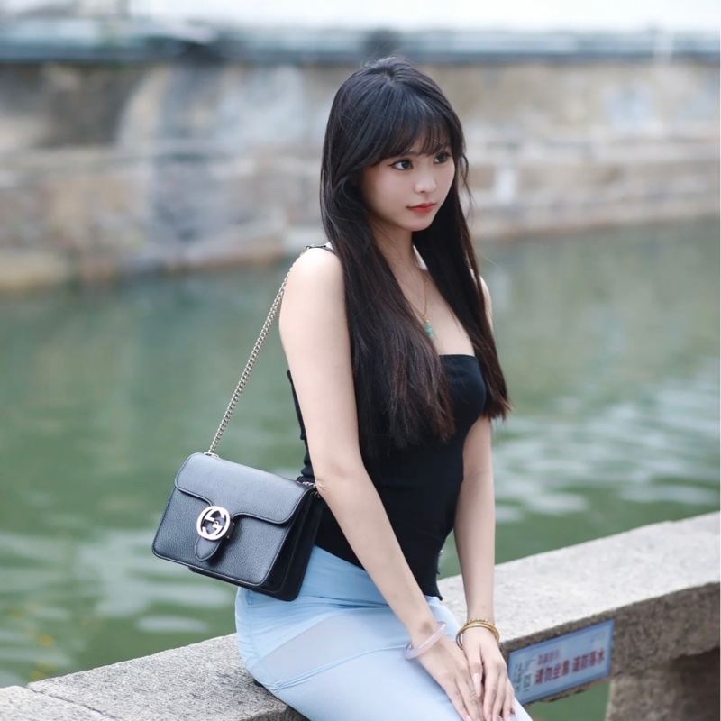 GUCCI古馳 荔枝紋牛皮 風琴斜挎包 女款 黑色-2