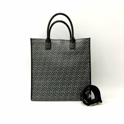 BURBERRY 黑色牛皮滿版LOGO托特包