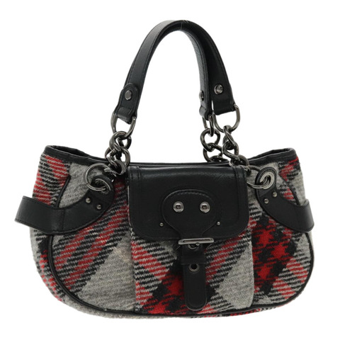 BURBERRY Nova 格紋鏈條藍標手提包羊毛灰銀色正品 95473