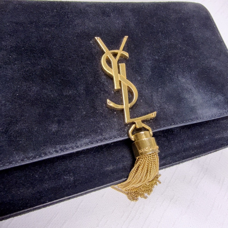 97新聖羅蘭kate黑色麂皮金色鏈條流蘇包 中號-4