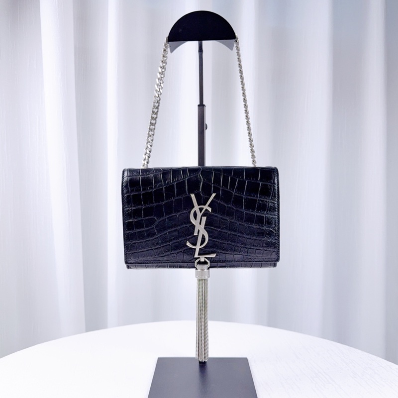 98新YSL聖羅蘭黑色鰐魚紋流蘇鏈條包-0