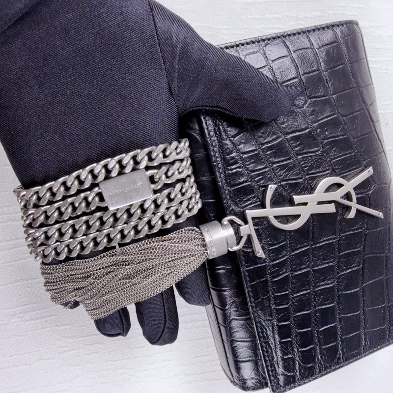 98新YSL聖羅蘭黑色鰐魚紋流蘇鏈條包-2