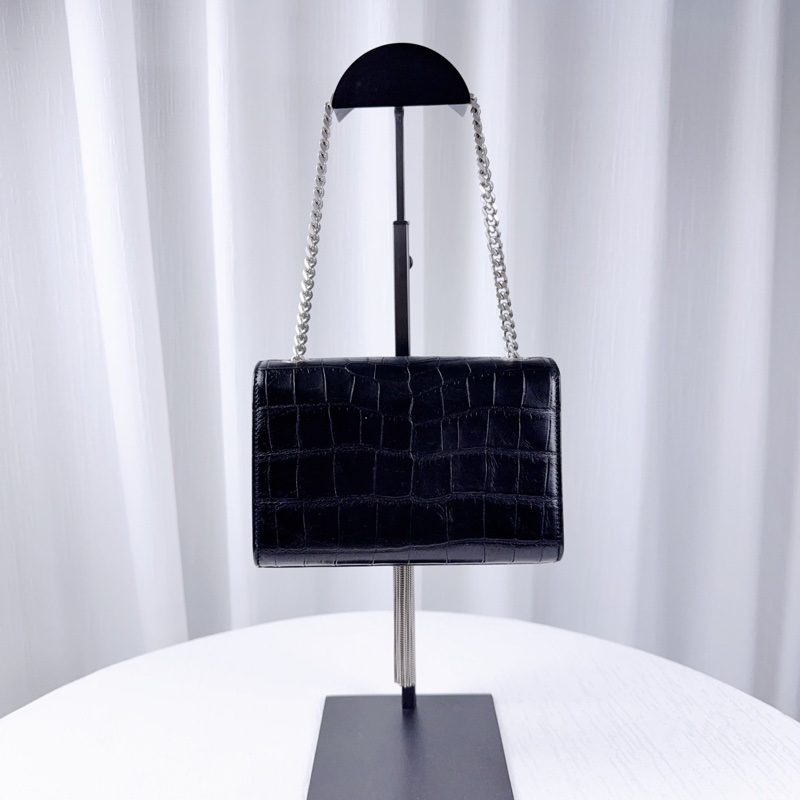 98新YSL聖羅蘭黑色鰐魚紋流蘇鏈條包-6