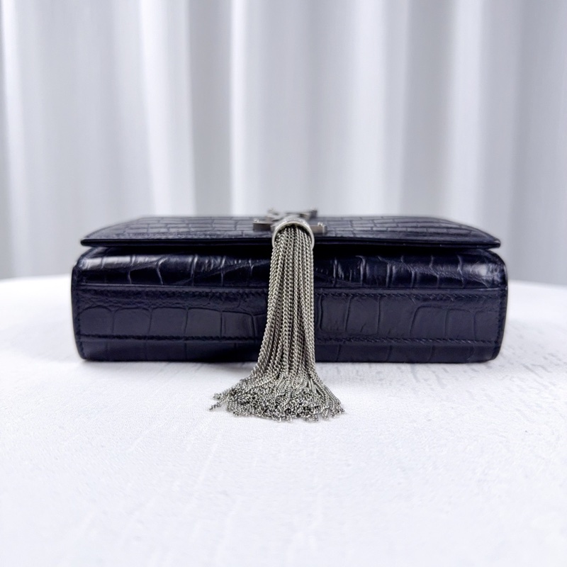 98新YSL聖羅蘭黑色鰐魚紋流蘇鏈條包-7