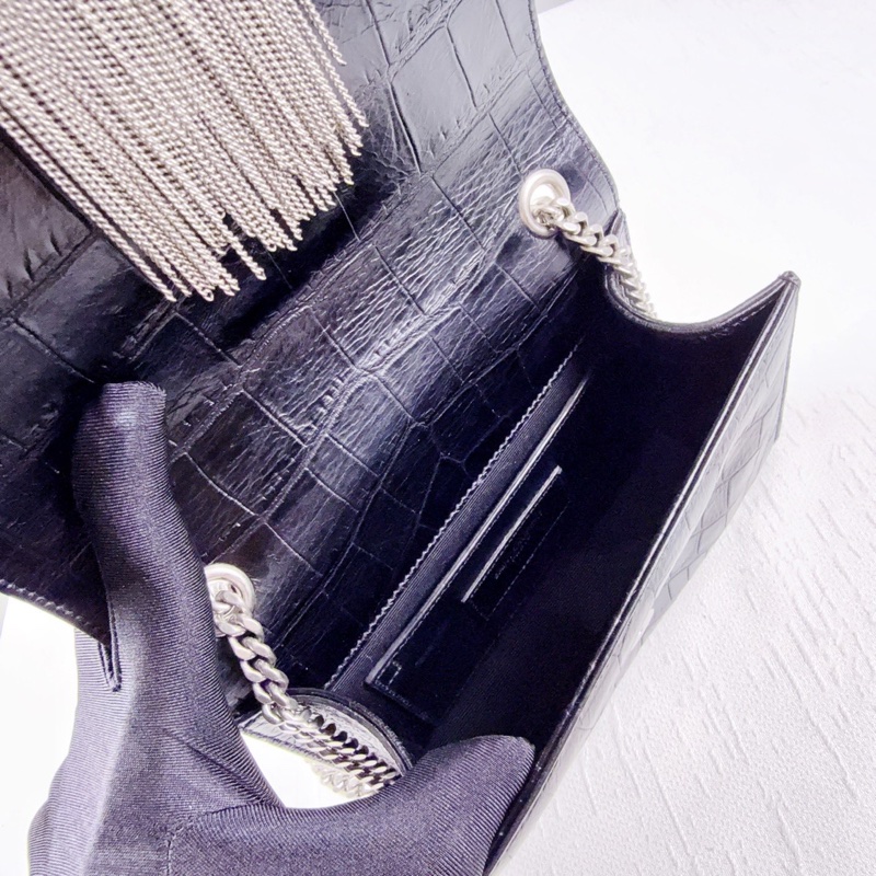 98新YSL聖羅蘭黑色鰐魚紋流蘇鏈條包-9