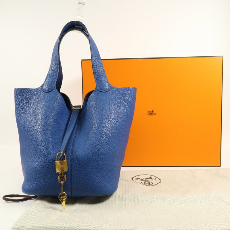 HERMES Clemence皮革Picotin MM金扣手挽袋Blue France-10