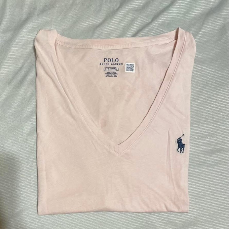 Ralph Lauren RL（L號） 淺粉色女大人刺繡小馬V領薄短T-1