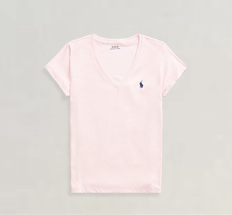Ralph Lauren RL（L號） 淺粉色女大人刺繡小馬V領薄短T-3