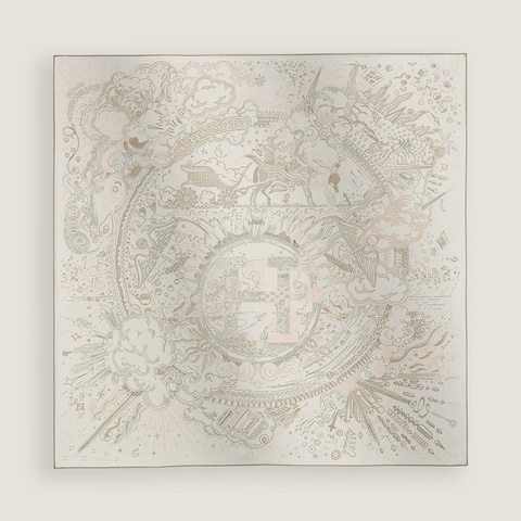 Hermes 愛馬仕 經典H絲巾/please hold the line/珍珠粉白色/全新美品