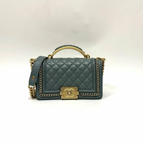 Chanel湖水綠牛皮金釦提把boy20cm/A94805