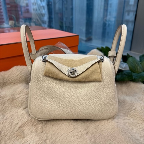 HERMES mini Lindy 奶昔白銀tc stamp K