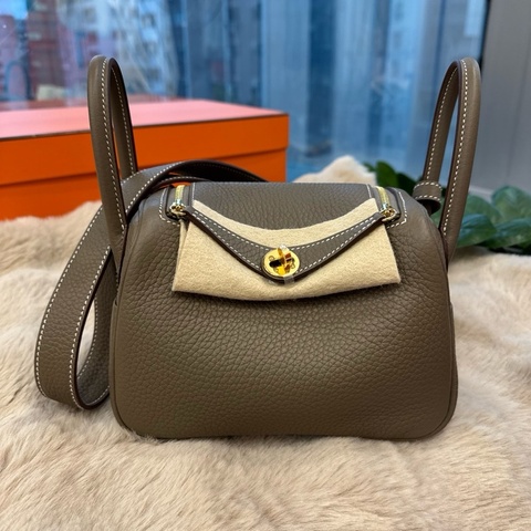 HERMES mini Lindy 1代大象灰金tc皮 stamp w