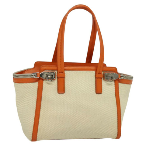 Salvatore Ferragamo Gancini 手袋帆布米色銀色正品 127854