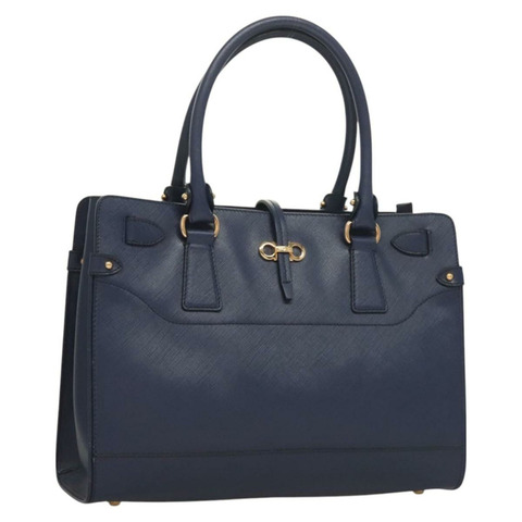 Salvatore Ferragamo Gancini 手提包 皮革 海軍藍 金色 正品 BA3598
