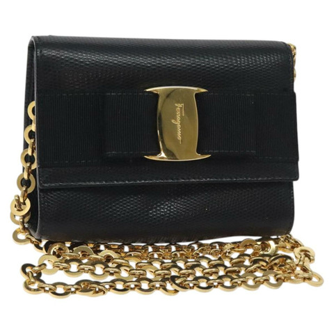 Salvatore Ferragamo 鏈條 Vala 單肩包 皮革 黑金 正品 130906