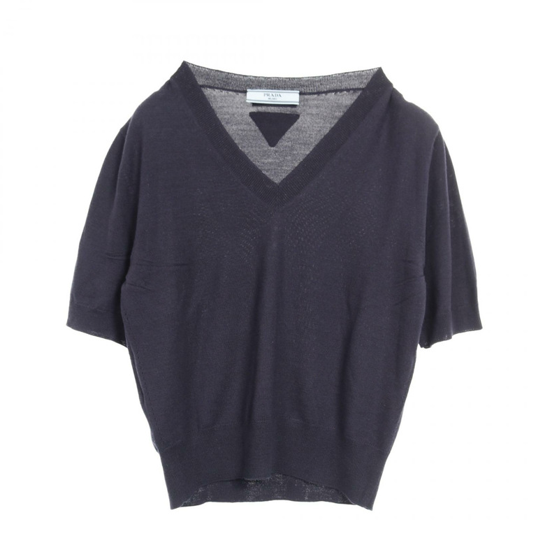 PRADA 三角形 logo V 領針織衫 P24M2R 羊毛海軍藍 #36 二手女款-0