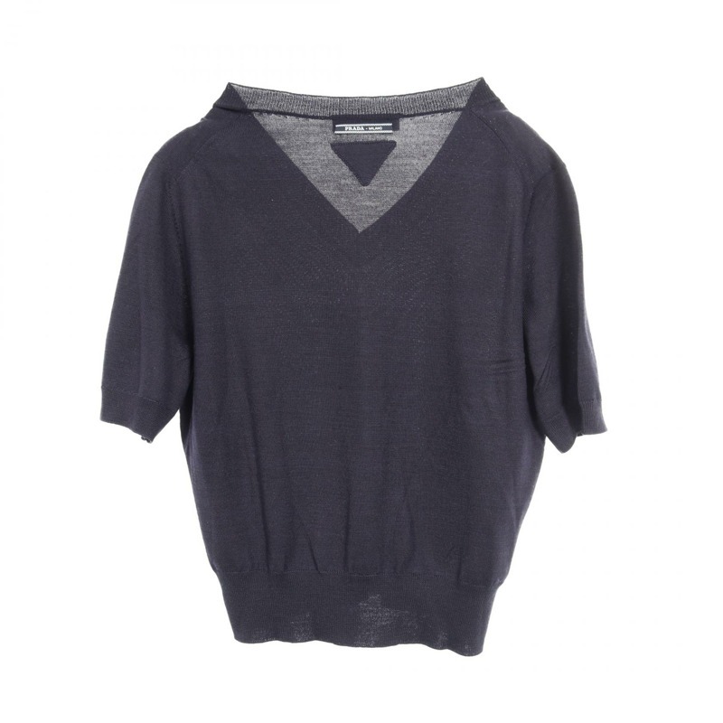 PRADA 三角形 logo V 領針織衫 P24M2R 羊毛海軍藍 #36 二手女款-1