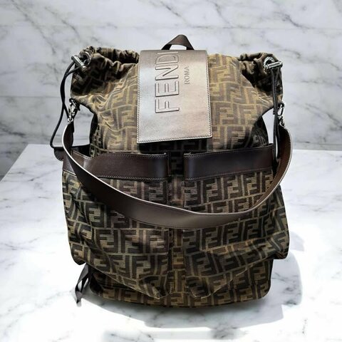 FENDI Strike皮拼布滿版LOGO後背包/咖