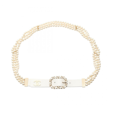 CHANEL COCO MARK 皮帶 皮革 人造珍珠 白色 二手 女款 GHW CC