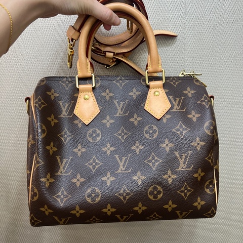 LV 原花金釦Speedy25手提斜背波士頓包M46977