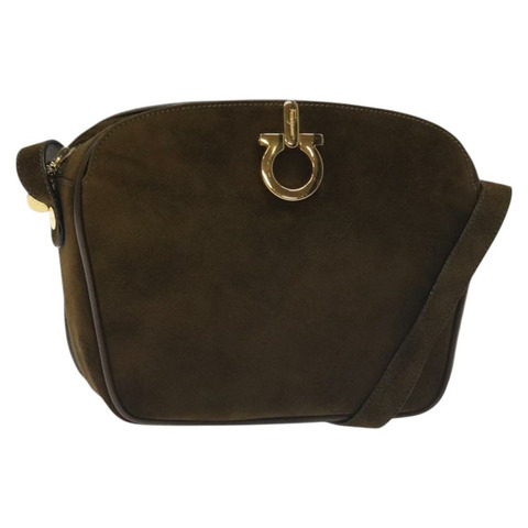 Salvatore Ferragamo Gancini 單肩包 麂皮 卡其色 金色 正品 130620