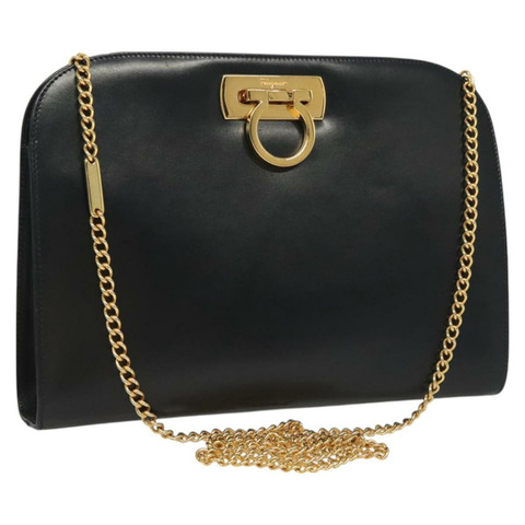 Salvatore Ferragamo Gancini 鏈條單肩包 皮革 黑金色 正品 130866