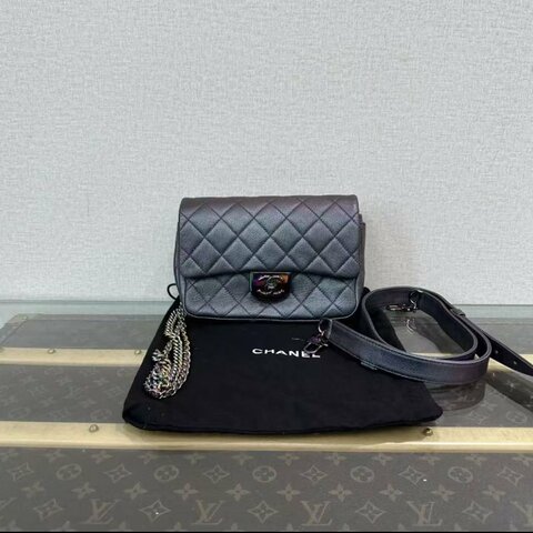 ✨Chanel 炫彩珠光紫色雙鍊條牛皮cf鍊條包 21*16*7 98新配件塵袋