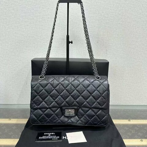 ✨CHANEL 黑銀2.55中號肩背斜背鍊條包28*18*8 98新配件盒子塵袋保卡