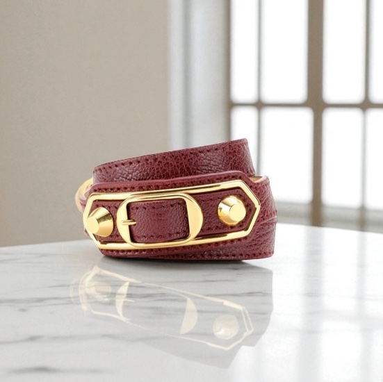 莉亞精品♡Balenciaga 三圈皮手環 酒紅色 近新閒置品-0