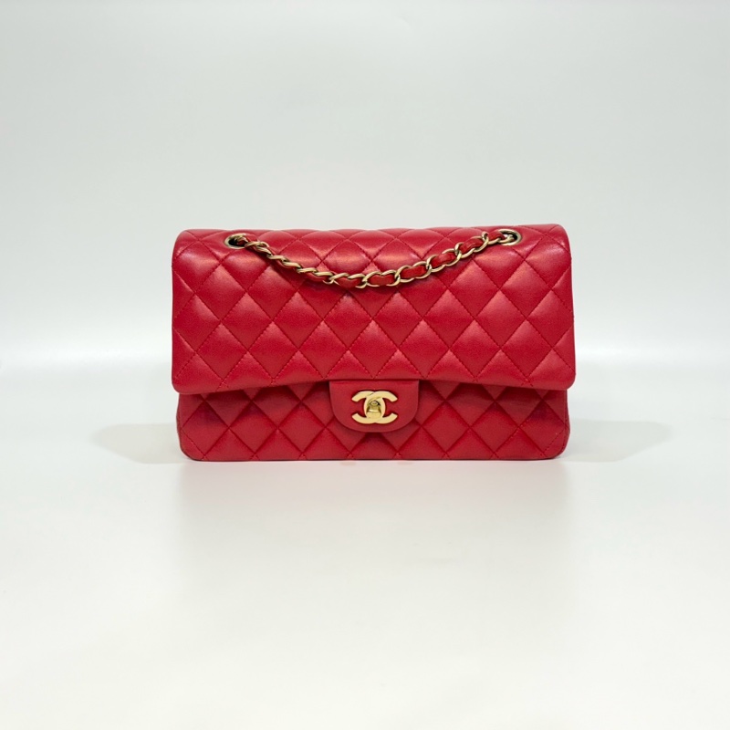CHANEL紅色小羊皮金釦CF25口蓋肩背包 A01112-0