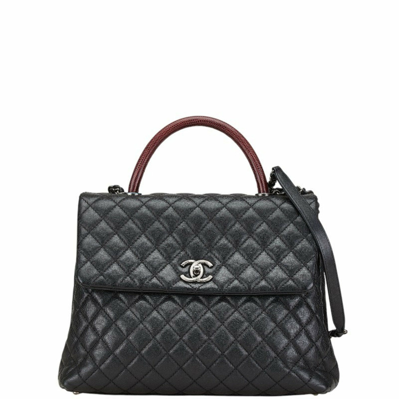 Chanel Matelasse Coco Mark 蜥蜴皮壓花手提包鏈條單肩包 A92992 黑色酒紅色魚子醬皮女款 CHANEL-0