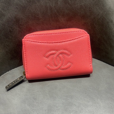 Chanel 桃粉荔枝皮ㄇ字拉鍊零錢卡包短夾