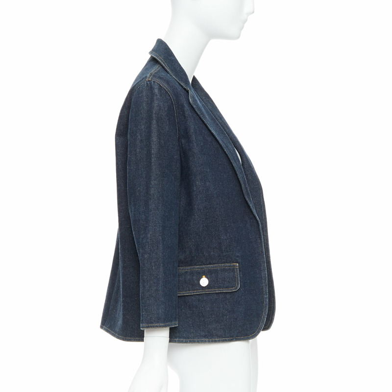 CHANEL Vintage dark indigo denim CC logo buttons blazer-3