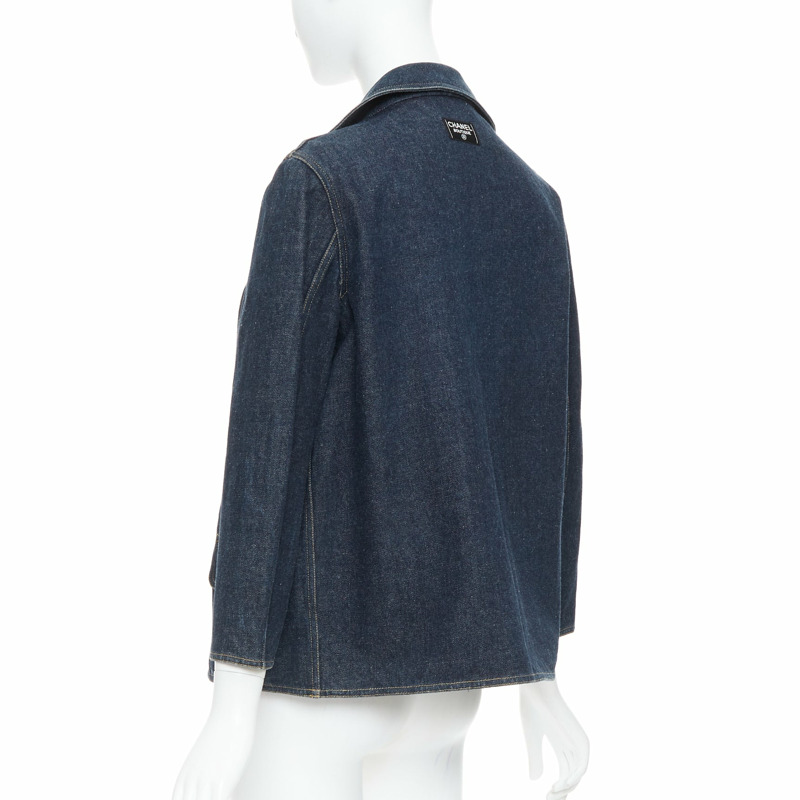 CHANEL Vintage dark indigo denim CC logo buttons blazer-5