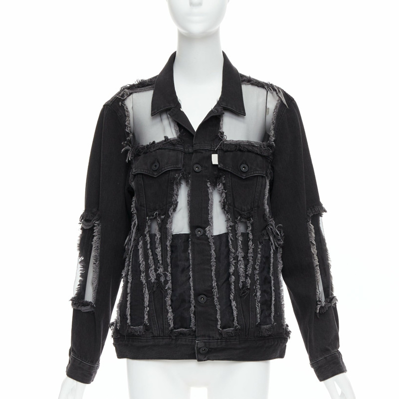 OFF WHITE black denim organza mesh panel frayed jacket XS-0