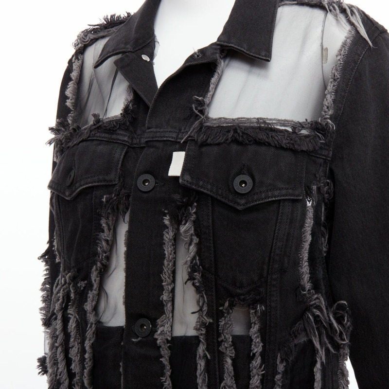 OFF WHITE black denim organza mesh panel frayed jacket XS-1