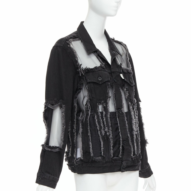 OFF WHITE black denim organza mesh panel frayed jacket XS-2