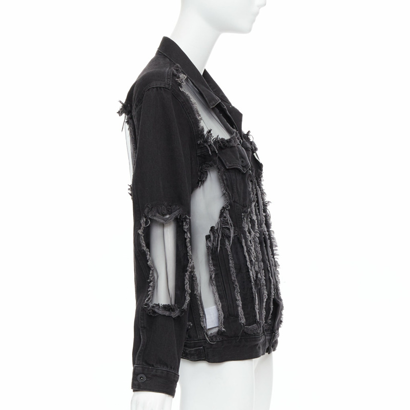 OFF WHITE black denim organza mesh panel frayed jacket XS-3